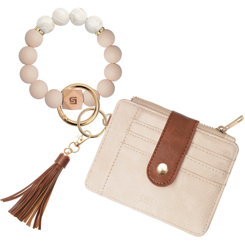 COOLANS Wristlet Bracelet Keychain Pocket Credit Card Holder Purse Tassel Keychain Bangle Key Ring for Women (Silicone Bead Bracelet+Card Purse (Brown&White)) - Image 1
